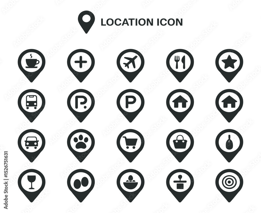 Poster set of location pin icons for maps and navigation applications featuring various symbols representin