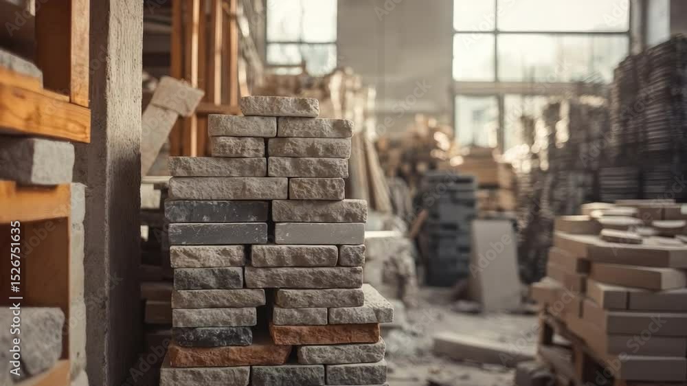 Poster stack of natural stone blocks in a construction workshop with sunlight through large windows 4k vide