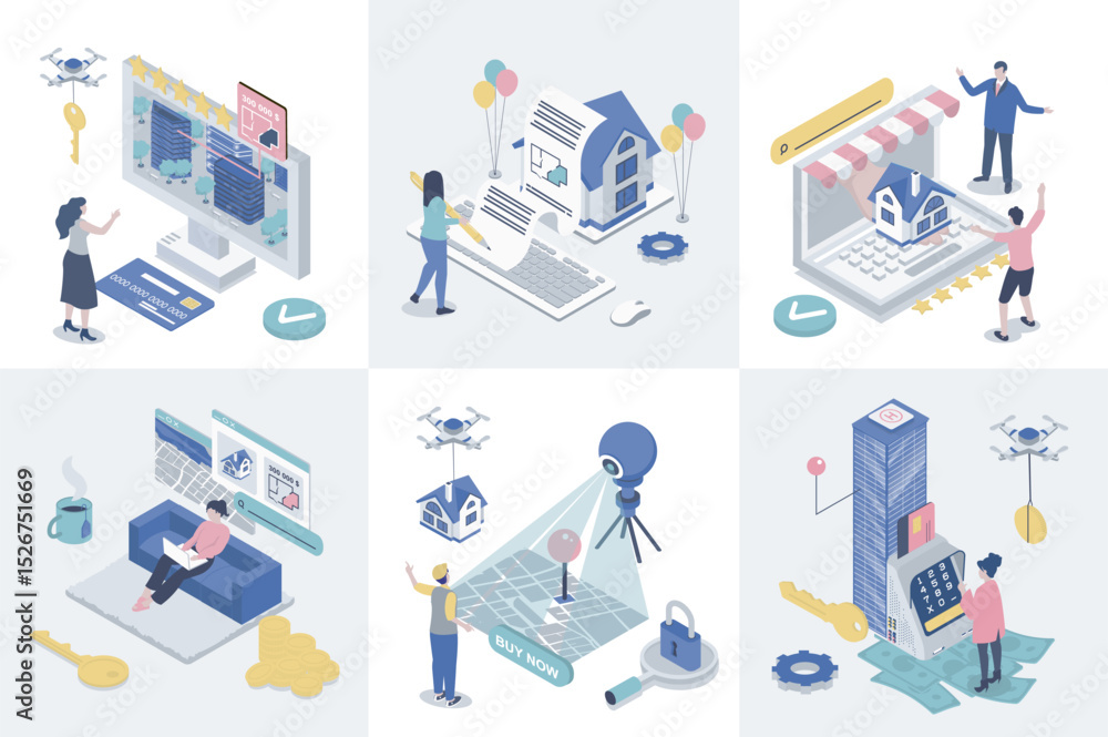 Aufkleber real estate 3d isometry concept for web design. collection set with isometric people searching new h
