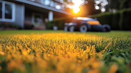 Golden sunlight bathes the freshly mowed lawn, with a house and lawnmower in the distance.