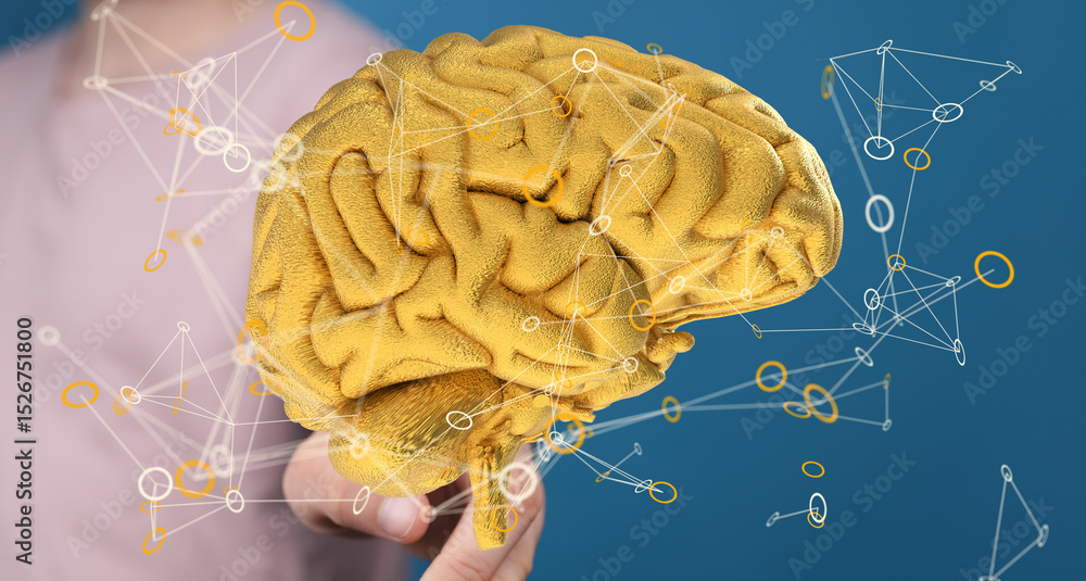Aufkleber Abstract image of a golden brain with connecting neural networks.  Ideal for AI, technology, and neuroscience concepts.