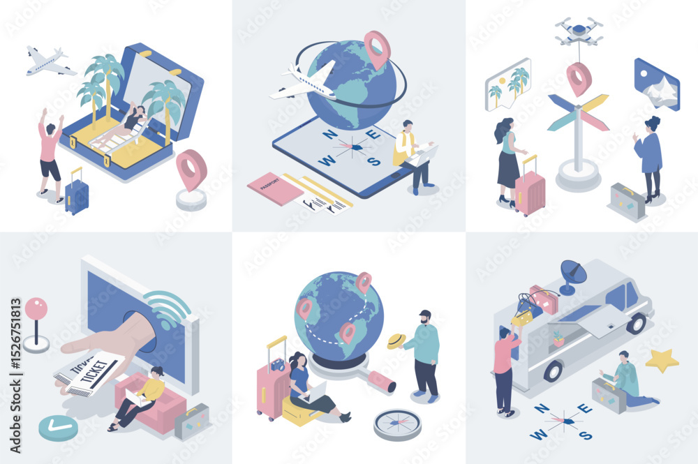 Poster Travelling 3d isometry concept for web design. Collection set with isometric people booking flight tickets online, global tourism, car vacation, summer trip to sea beach resort. Vector illustration.