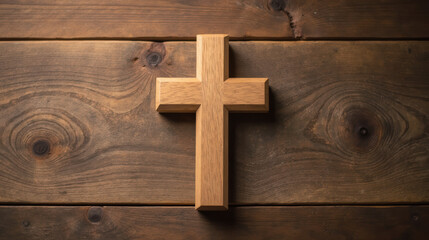 Wooden cross rests on rustic wooden surface, symbolizing faith and spirituality. natural grain of wood adds warmth and depth to scene