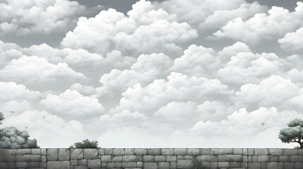 Fototapeta premium Grey Overcast Sky Above Stone Wall Pixel Art Landscape