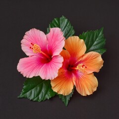 Vibrant Pink   Orange Hibiscus Flowers  Tropical Bloom  Exotic Summer Spa Botanical Image