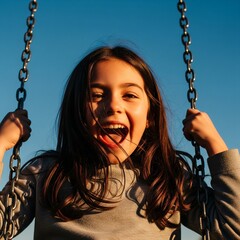 close up of a happy girl shouting in a swing against a crystal clear blue sky