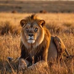 Obraz premium lion in the grass . A majestic male lion resting calmly in the golden grasslands of the African savanna at sunset