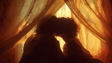Curtains blowing in the wind, a couple kissing behind them, golden hour, white curtains, a window, a romantic, soft-lit scene, silhouettes, a blurred background, a cozy atmosphere, love and romance, a