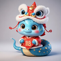 3D rendered cute and adorable little snake holding a spring couplet with 'Fu' character