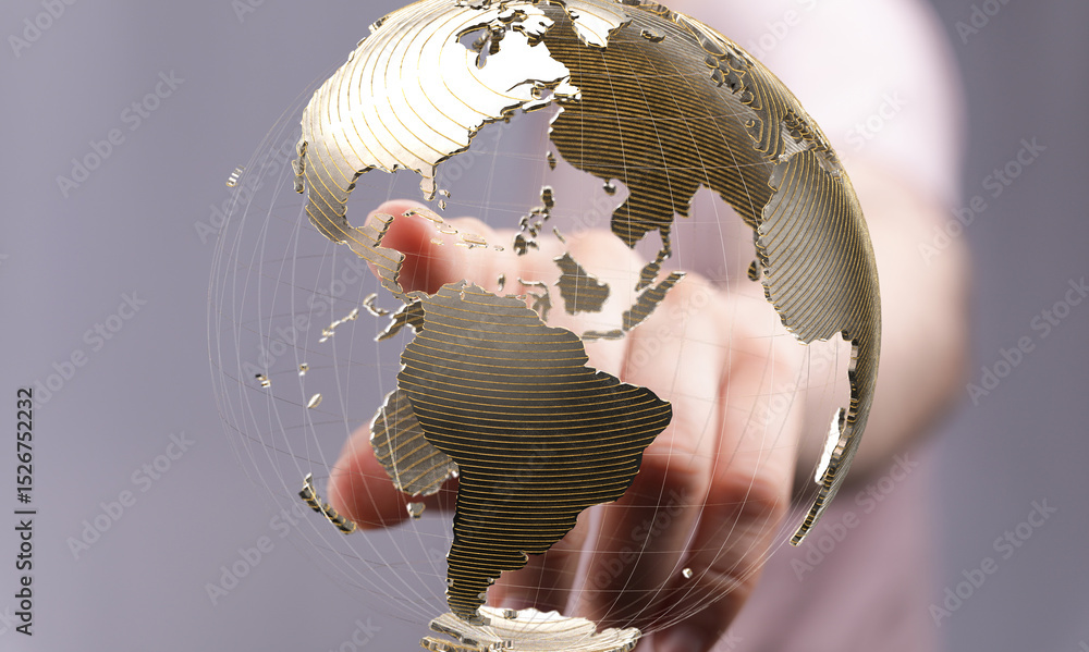 Poster High-quality stock photo of a hand interacting with a digital globe, representing global connectivity and networking.