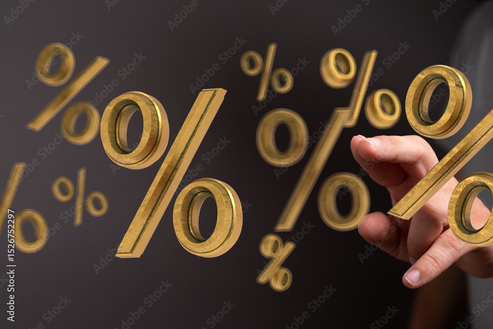 Poster 3d render of gold percentage symbols. hand interacts with floating symbols.