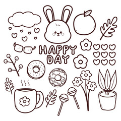 set of coloring page doodle with bunny and cute stuff cute cartoon drawing for coloring sticker, drawing book