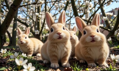 Fototapeta premium Cute Rabbits in Blooming Flower Garden Scene