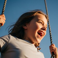 close up of a happy girl shouting in a swing against a crystal clear blue sky