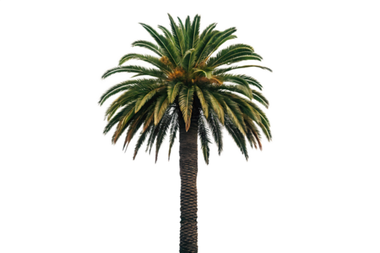 A single palm tree with green fronds and a brown trunk isolated against a black background