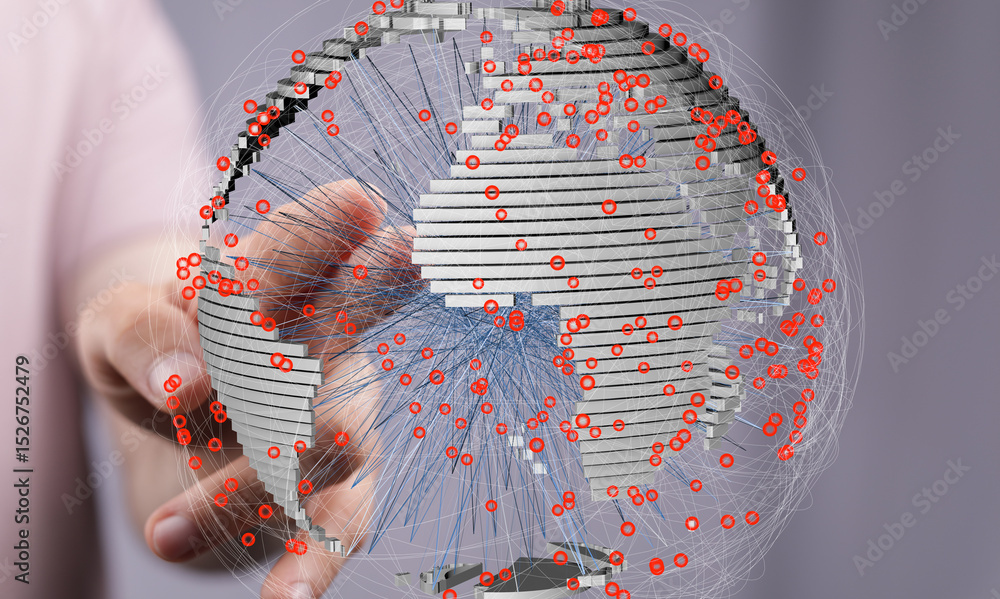 Poster 3D rendering of a global network with connections visualized.  Hand interacts with the data.