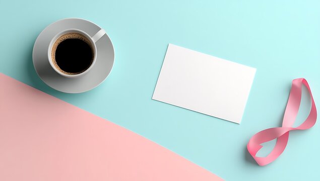 Coffee Cup with Ribbon and Blank Card on Pastel Desk &ndash; Morning Greeting and Flat Lay Concept