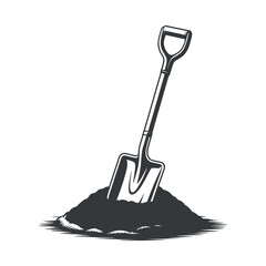 Monochrome Illustration of a Shovel Stuck in a Pile of Dirt on a White Background
