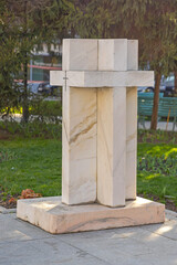 White Marble Memorial Cross at English Park in Old Town Craiova Romania