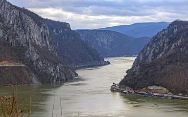 Aerial View of Monastery Mraconia at River Danube Coast Kazan Canyon in Dubova Romania and Serbia