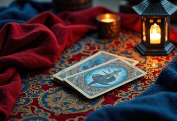 Tarot cards are arranged on a decorative cloth with candles and fabric for a mystical setting
