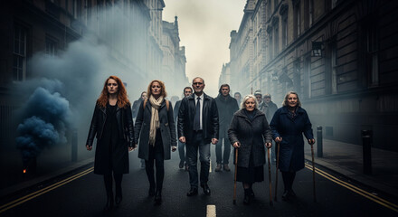 A group of protesters marches down a city street shrouded in smoke, symbolizing civil unrest and the fight for change