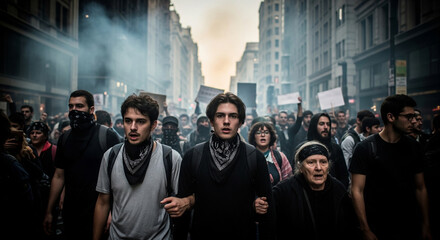 A group of protesters marches down a city street shrouded in smoke, symbolizing civil unrest and the fight for change