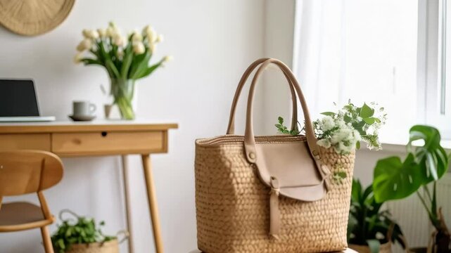 Stylish straw tote bag with white blossoms on wooden stool in bright room with laptop, desk and potted plants creating a cozy, elegant indoor scene