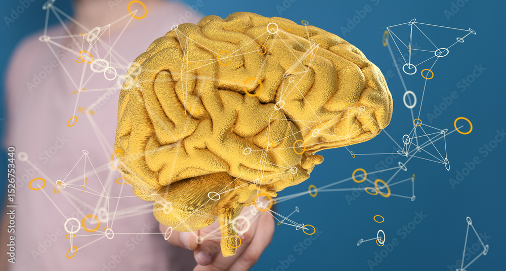 Aufkleber Abstract image of a golden brain with connecting lines, representing neural networks and brainpower.
