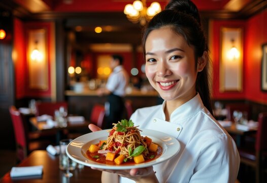Smiling waitress presenting a colorful plate of pasta in an elegant restaurant setting