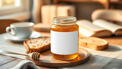 Honey Jar with Blank Label on Wooden Tray, Cozy Breakfast Scene