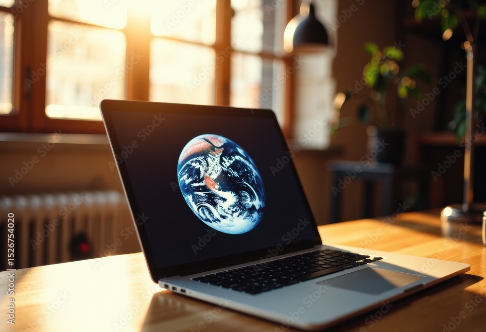 Poster laptop displaying a globe image on the screen in a cozy workspace