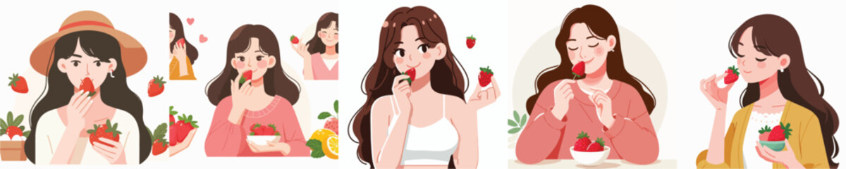 vector character woman eating strawberry
