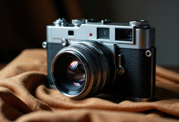 Classic vintage camera with a silver and black body placed on a soft fabric surface