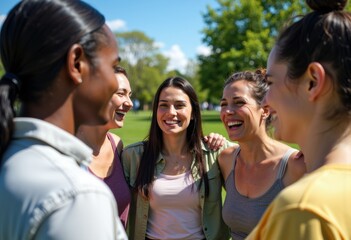 Obraz premium Group of diverse women smiling and talking outdoors on a sunny day
