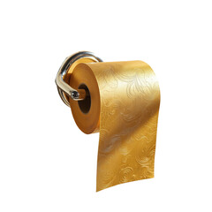 Luxury gold toilet paper roll on chrome holder.  Elegant, shiny texture. Perfect for bathroom decor, websites, and advertising. Ideal for high-end product visuals.