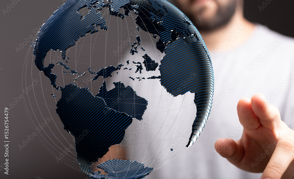 Poster a man interacts with a 3d holographic globe, symbolizing global connectivity and networking.