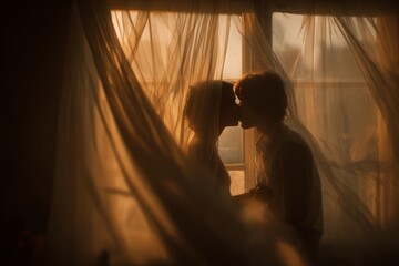 Curtains blowing in the wind, a couple kissing behind them, golden hour, white curtains, a window, a romantic, soft-lit scene, silhouettes, a blurred background, a cozy atmosphere, love and romance, a