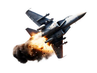 military fighter jet from a missile hit isolated on white background PNG