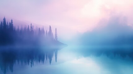 Fototapeta premium Misty lake scene with reflections of trees.