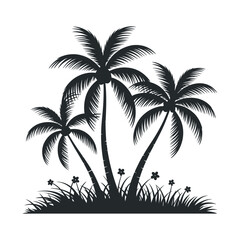 Elegant Silhouette of Three Palm Trees with Lush Grass and Flowers Isolated on White Background Ideal for Tropical and Summer Themed Designs