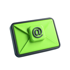 3D rendering of a bright green email envelope icon. Ideal for websites, apps, and marketing materials related to communication and technology. Perfect for illustrating digital correspondence.