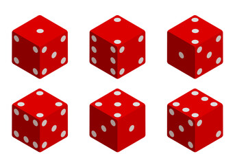 Dice. Red vector 3d dice isolated on white background. Vector set
