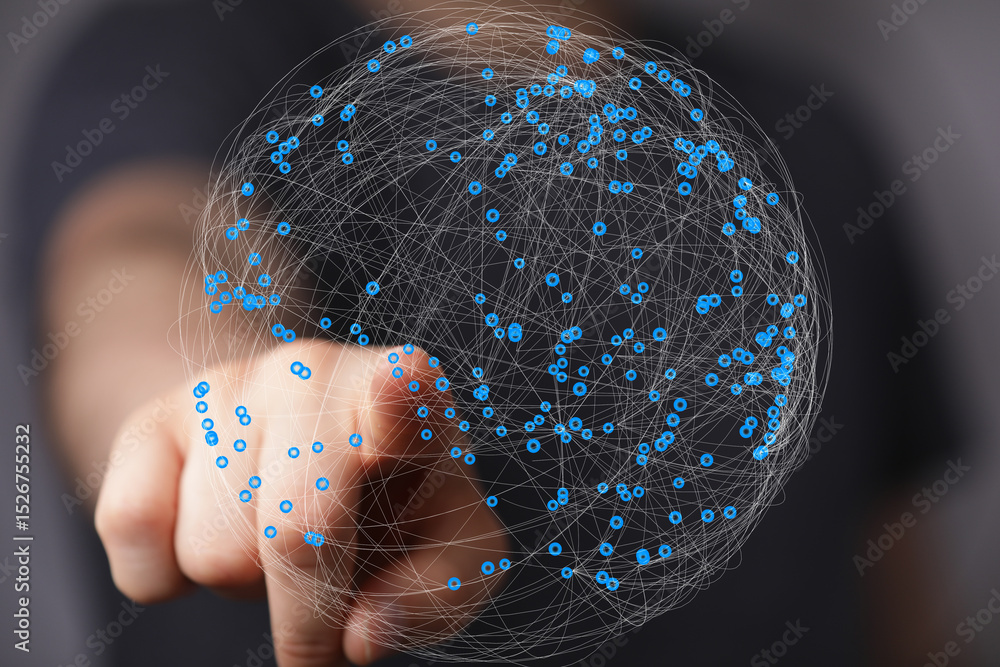Poster Abstract image of a hand interacting with a digital global network.  Perfect for technology, connectivity, and global concepts.
