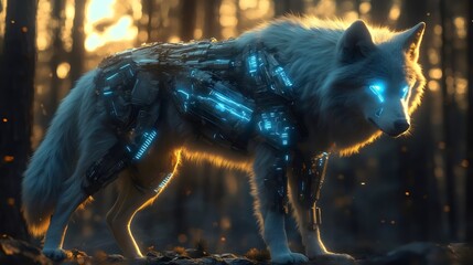A mechanical wolf with glowing blue eyes, a fusion of nature and technology.