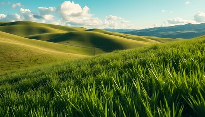 Fototapeta premium Rolling Hills of Lush Green Grassland Under a Sunny Sky