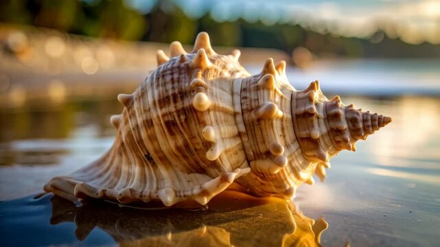 Close-up of a large textured seashell resting on a wet sandy beach with calm ocean water and a blurred shoreline in the background at sunset.