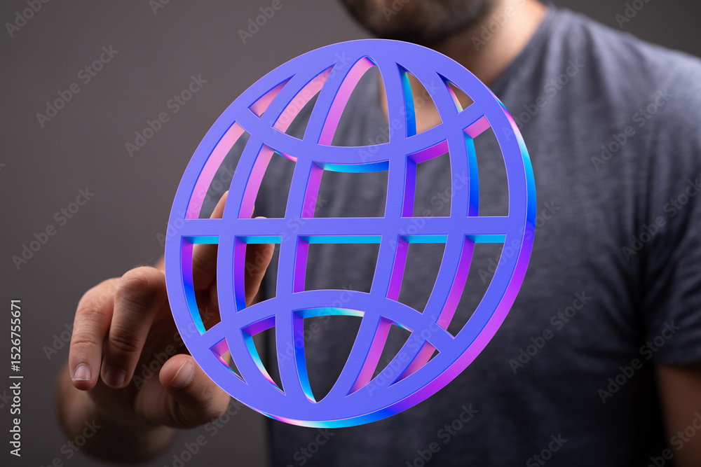 Poster Person interacts with a vibrant 3D globe, symbolizing global connectivity and networking.