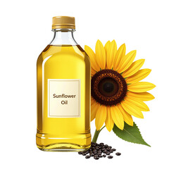 High-quality image of a sunflower oil bottle, sunflower, and seeds. Ideal for food packaging, cooking blogs, and healthy lifestyle websites. Perfect for commercial use.