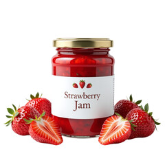 Delicious strawberry jam in a glass jar, surrounded by fresh strawberries. Perfect for food blogs, packaging, and culinary websites. Ideal for advertising or recipe content.